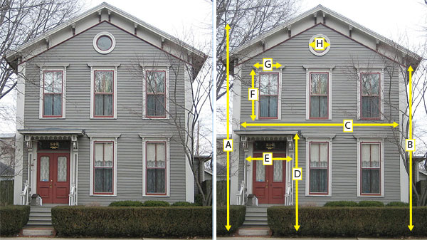 Real-life area problems. Calculating the area of the front of a house. Calculating Area - Bloomington Benjamin House example.