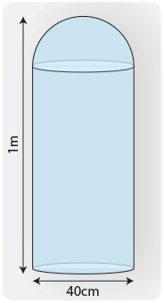 Water container volume example. Irregular solid. Circular base with a diameter of 40cm and with a total height of 1m. Top section is semi-spherical.