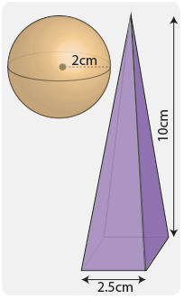 Volume of a sphere and pyramid worked example Sphere with a radius of 2cm and pyramid with a square base of 2.5cm and a height of 10cm.